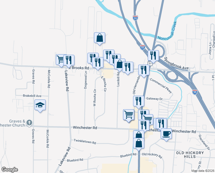 map of restaurants, bars, coffee shops, grocery stores, and more near 3268 East Rosita Circle in Memphis