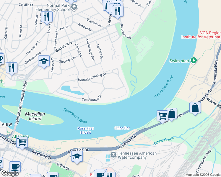 map of restaurants, bars, coffee shops, grocery stores, and more near 1003 Northbridge Lane in Chattanooga