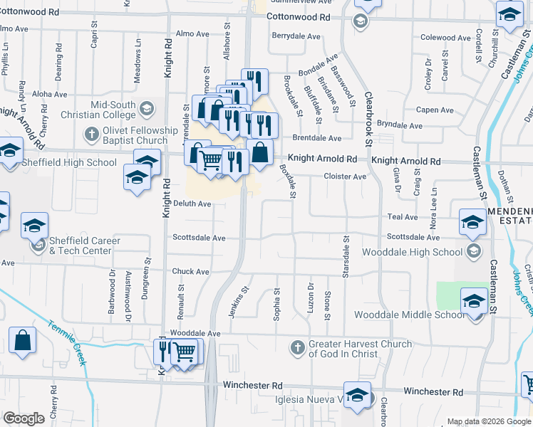 map of restaurants, bars, coffee shops, grocery stores, and more near 3268 Gaylord Ln in Memphis