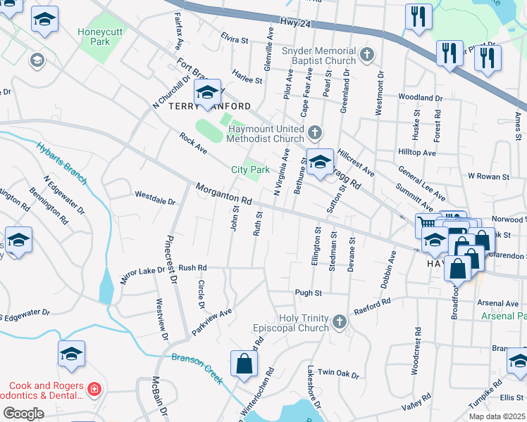 map of restaurants, bars, coffee shops, grocery stores, and more near 1905 Morganton Road in Fayetteville