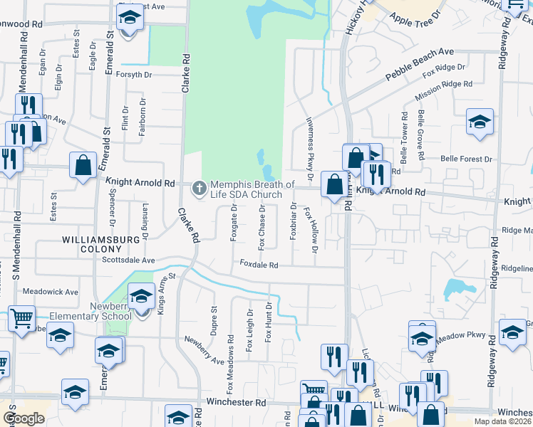 map of restaurants, bars, coffee shops, grocery stores, and more near 3270 Fox Chase Drive in Memphis