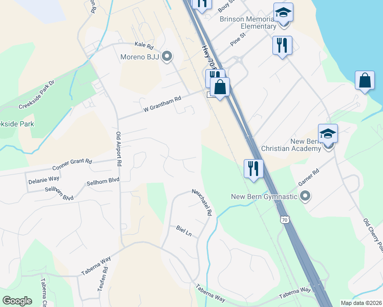 map of restaurants, bars, coffee shops, grocery stores, and more near 113 Clearbrook Way in New Bern