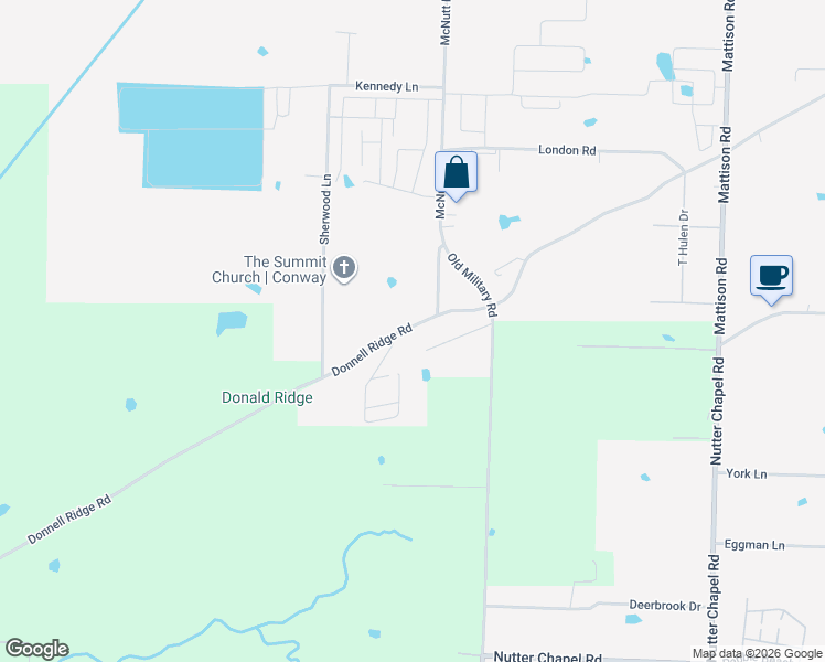 map of restaurants, bars, coffee shops, grocery stores, and more near 1370 McNutt Road in Conway
