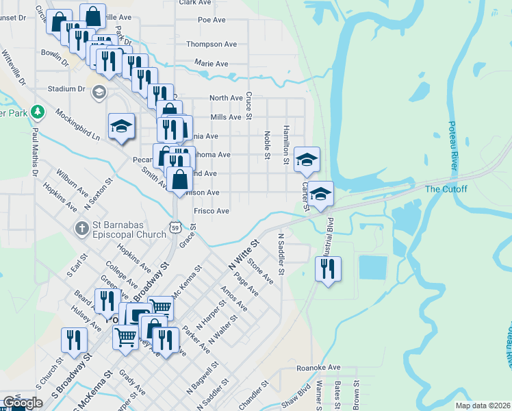 map of restaurants, bars, coffee shops, grocery stores, and more near 202 Cruce Street in Poteau