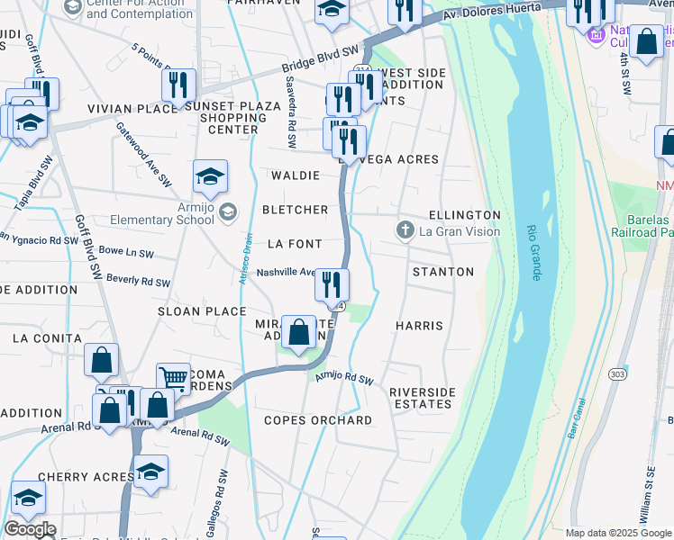 map of restaurants, bars, coffee shops, grocery stores, and more near 635 Isleta Boulevard Southwest in Albuquerque