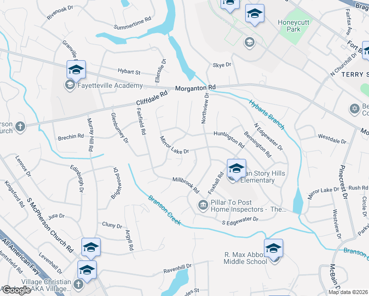 map of restaurants, bars, coffee shops, grocery stores, and more near 2812 Mirror Lake Drive in Fayetteville