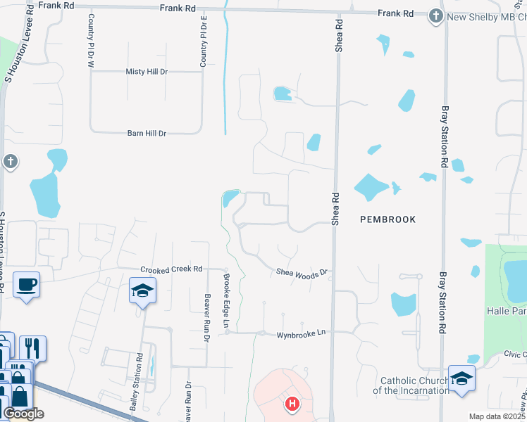 map of restaurants, bars, coffee shops, grocery stores, and more near 10389 North Duncan Woods Lane in Collierville