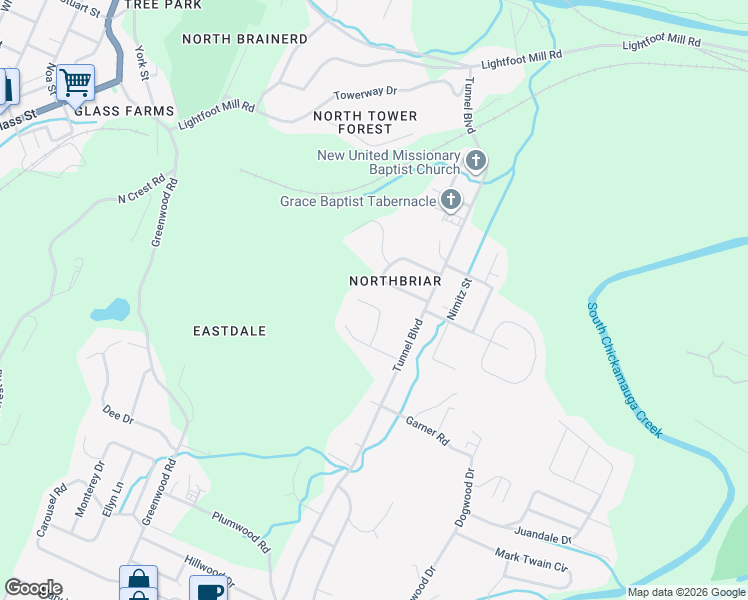 map of restaurants, bars, coffee shops, grocery stores, and more near 2317 Green Forest Lane in Chattanooga