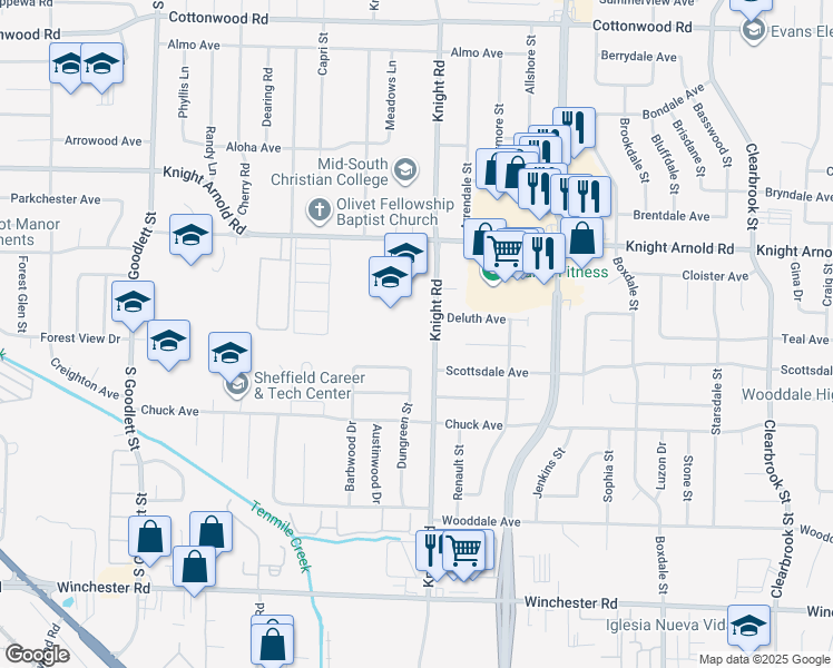 map of restaurants, bars, coffee shops, grocery stores, and more near 3237 Knight Road in Memphis