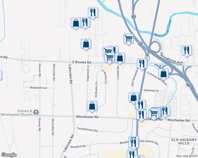 map of restaurants, bars, coffee shops, grocery stores, and more near 3266 West Rosita Circle in Memphis