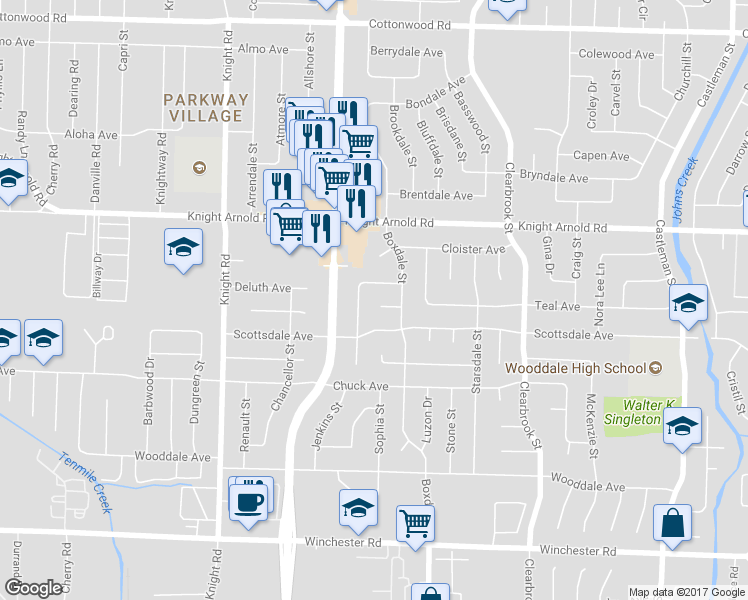 map of restaurants, bars, coffee shops, grocery stores, and more near 3259 Boxdale Cove in Memphis