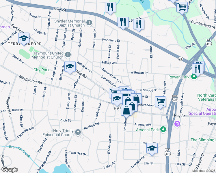map of restaurants, bars, coffee shops, grocery stores, and more near 1407 Morganton Road in Fayetteville