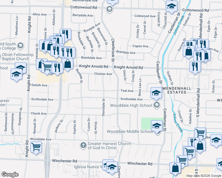 map of restaurants, bars, coffee shops, grocery stores, and more near 4960 Teal Avenue in Memphis