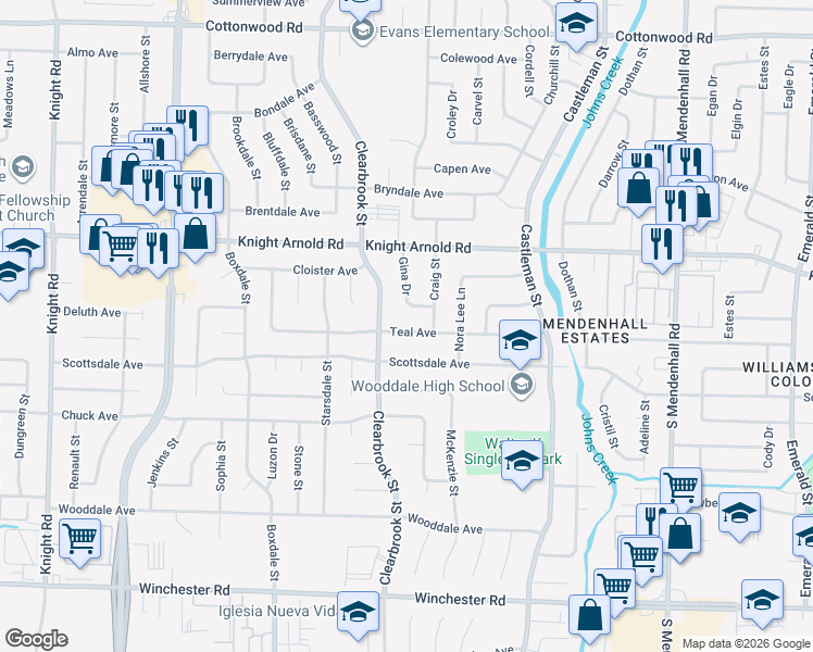 map of restaurants, bars, coffee shops, grocery stores, and more near 5010 Teal Avenue in Memphis