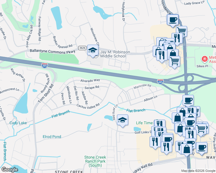 map of restaurants, bars, coffee shops, grocery stores, and more near 5519 Cactus Valley Road in Charlotte