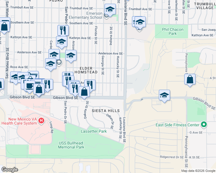 map of restaurants, bars, coffee shops, grocery stores, and more near 1116 Georgia Street Southeast in Albuquerque