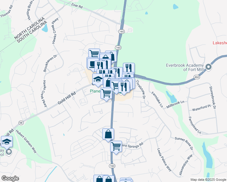 map of restaurants, bars, coffee shops, grocery stores, and more near 2868 Highway 160 in Fort Mill