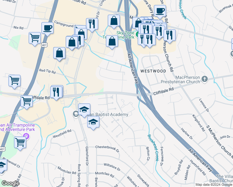 map of restaurants, bars, coffee shops, grocery stores, and more near 403 Tradewinds Drive in Fayetteville