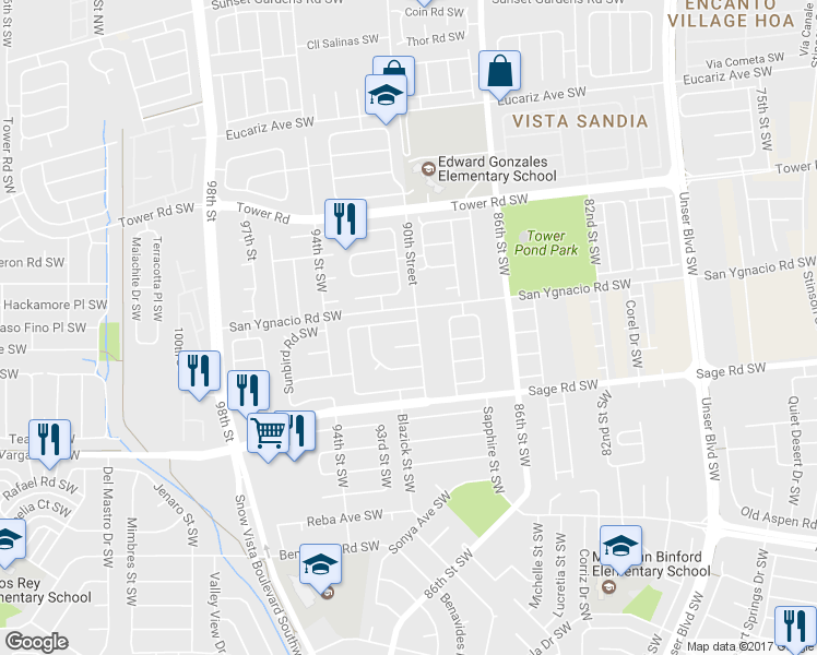 map of restaurants, bars, coffee shops, grocery stores, and more near 9004 Sunridge Road Southwest in Albuquerque