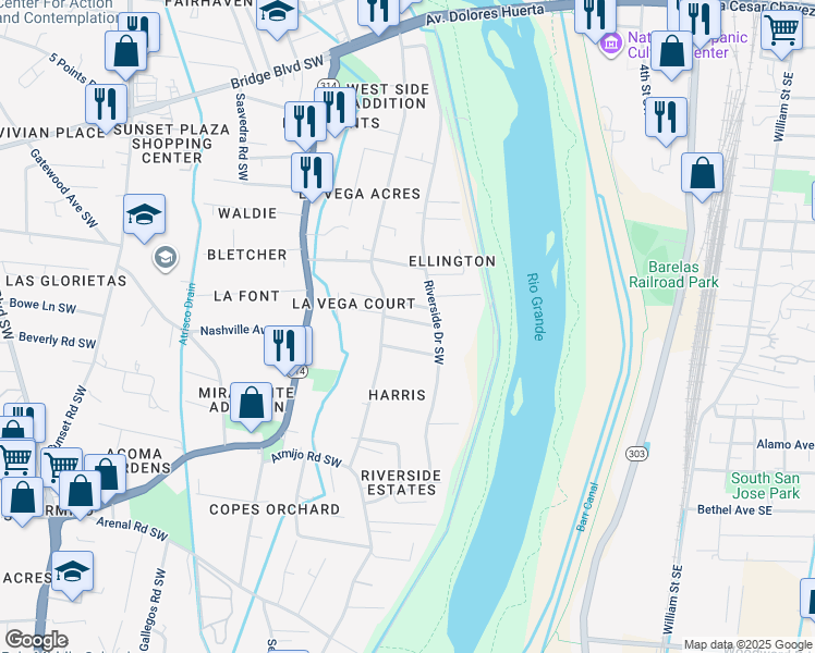 map of restaurants, bars, coffee shops, grocery stores, and more near 726 La Vega Court Southwest in Albuquerque