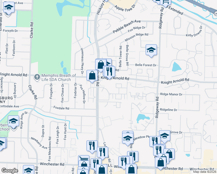 map of restaurants, bars, coffee shops, grocery stores, and more near 3260 Hickory Hill Road in Memphis