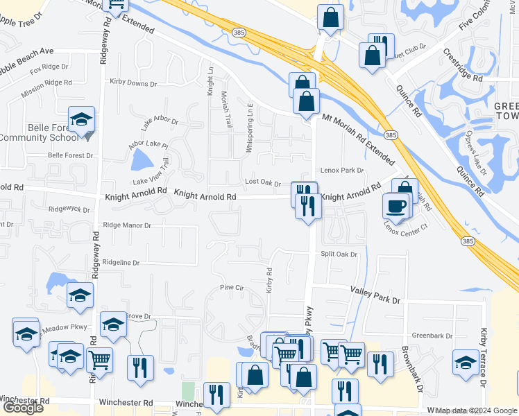 map of restaurants, bars, coffee shops, grocery stores, and more near 6539 Knight Arnold Road in Memphis
