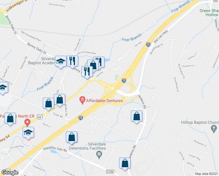 map of restaurants, bars, coffee shops, grocery stores, and more near 6960 Old Lee Highway in Chattanooga