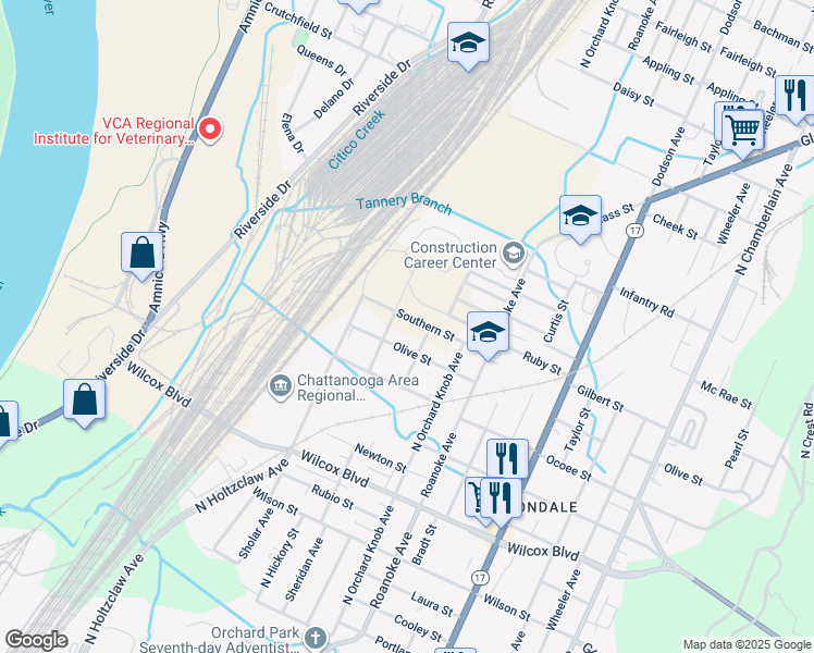 map of restaurants, bars, coffee shops, grocery stores, and more near 1706 Southern Street in Chattanooga