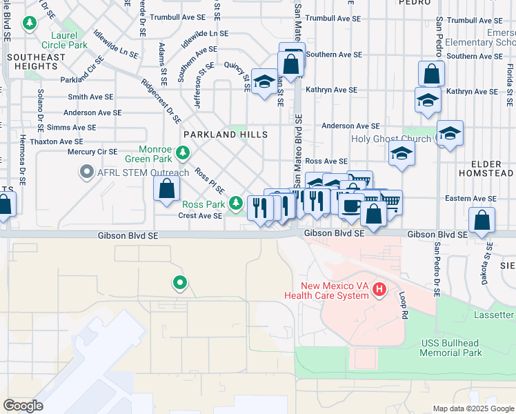 map of restaurants, bars, coffee shops, grocery stores, and more near 1917 Ridgecrest Drive Southeast in Albuquerque