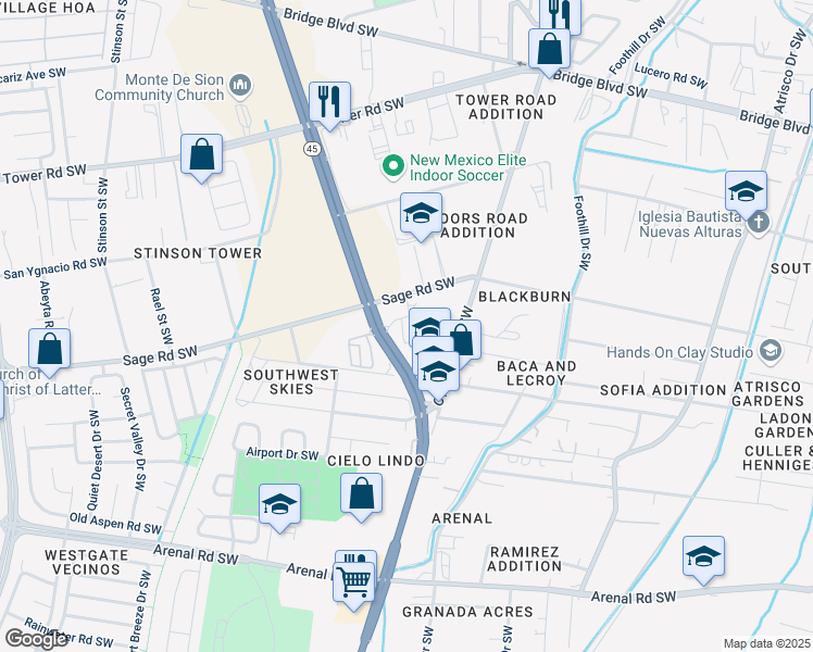 map of restaurants, bars, coffee shops, grocery stores, and more near 6500 Sage Road Southwest in Albuquerque