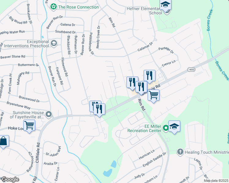 map of restaurants, bars, coffee shops, grocery stores, and more near 1141 Glen Iris Drive in Fayetteville
