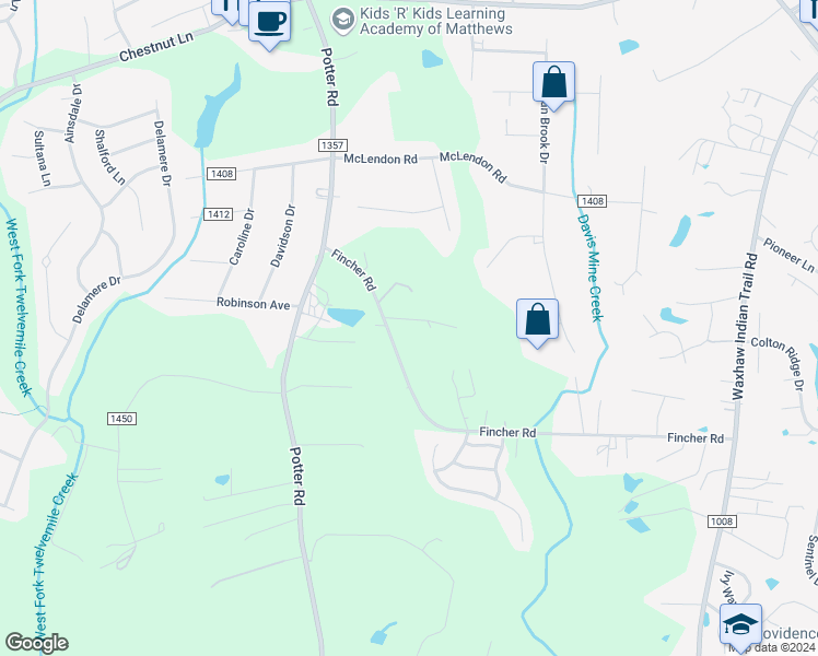 map of restaurants, bars, coffee shops, grocery stores, and more near 3308 Fincher Road in Matthews