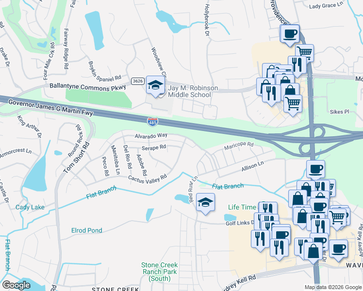 map of restaurants, bars, coffee shops, grocery stores, and more near 5519 Cactus Valley Road in Charlotte