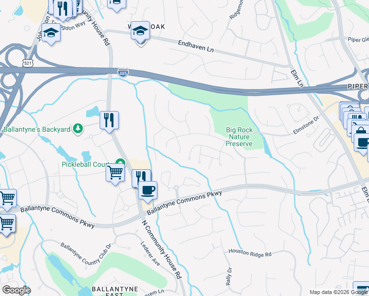 map of restaurants, bars, coffee shops, grocery stores, and more near 10921 Back Ridge Road in Charlotte