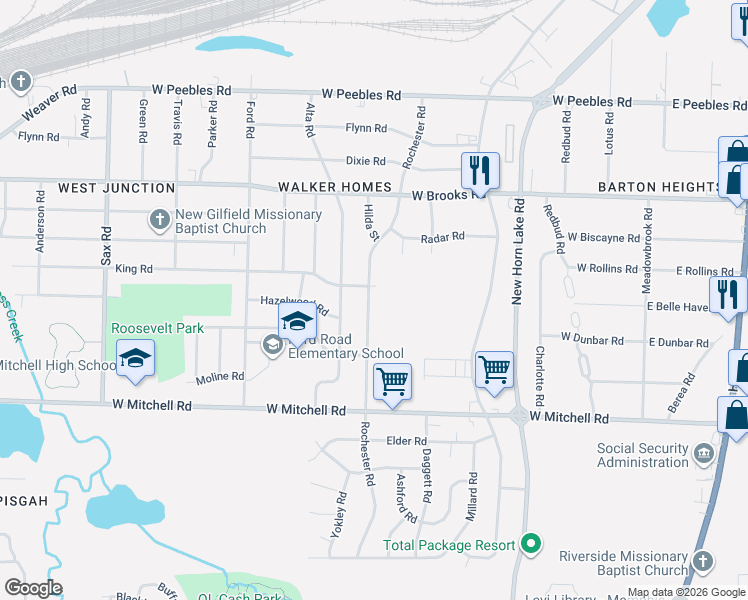 map of restaurants, bars, coffee shops, grocery stores, and more near 3272 Rochester Road in Memphis