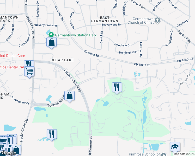 map of restaurants, bars, coffee shops, grocery stores, and more near 8345 Tournament Drive in Memphis