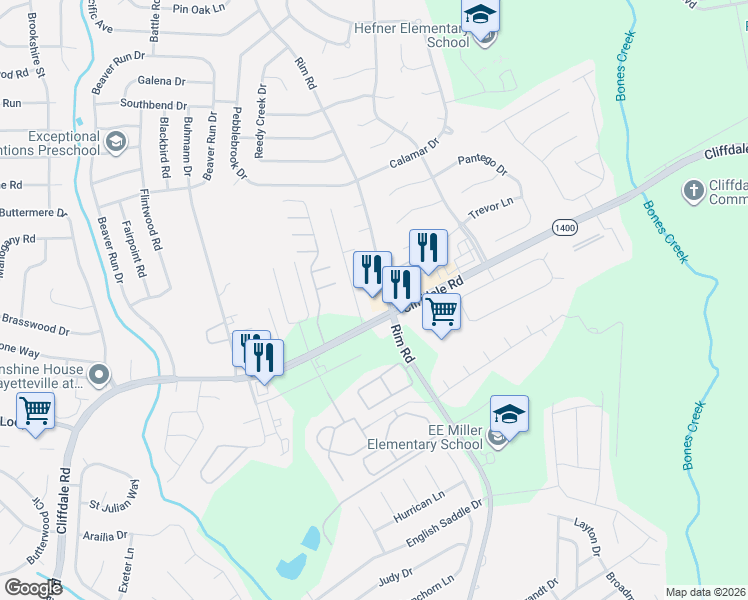 map of restaurants, bars, coffee shops, grocery stores, and more near 8200 Cliffdale Road in Fayetteville