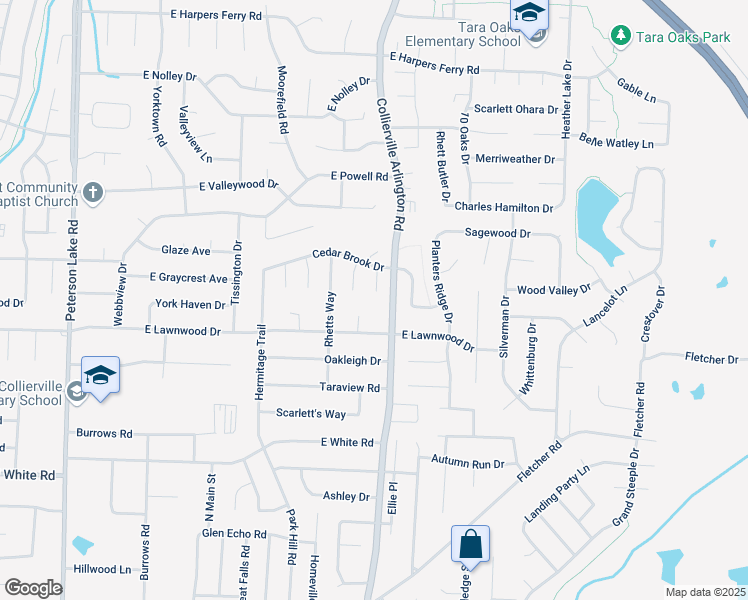 map of restaurants, bars, coffee shops, grocery stores, and more near 745 James Cove in Collierville