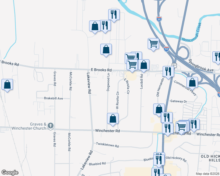 map of restaurants, bars, coffee shops, grocery stores, and more near 3264 Dogwood Lane in Memphis