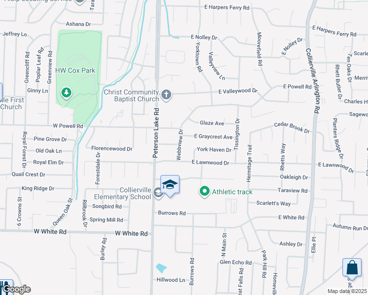 map of restaurants, bars, coffee shops, grocery stores, and more near 730 Webbview Drive in Collierville