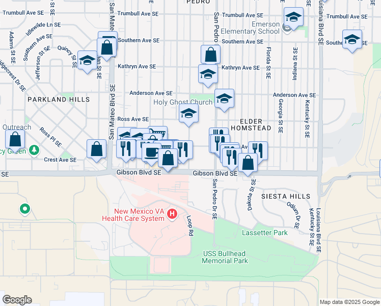 map of restaurants, bars, coffee shops, grocery stores, and more near 1400 Cardenas Drive Southeast in Albuquerque