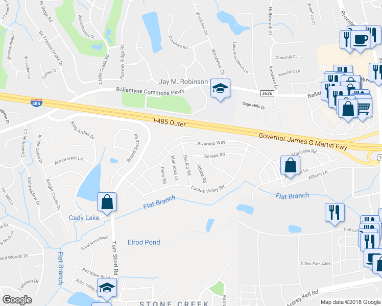 map of restaurants, bars, coffee shops, grocery stores, and more near 10513 Serape Road in Charlotte