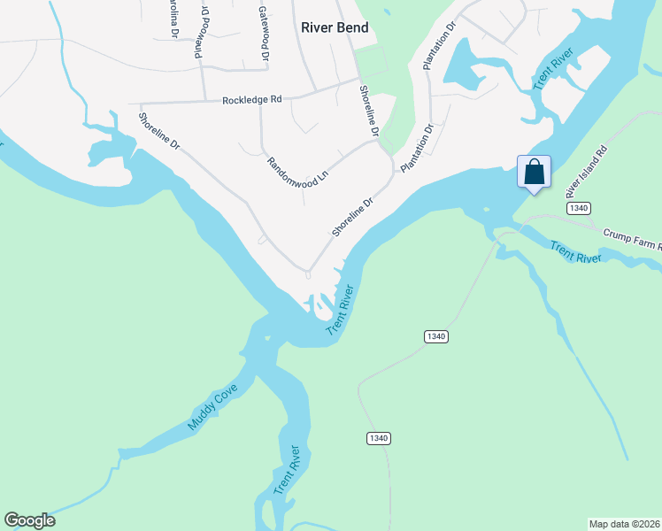 map of restaurants, bars, coffee shops, grocery stores, and more near 238 Shoreline Drive in New Bern