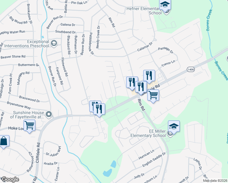 map of restaurants, bars, coffee shops, grocery stores, and more near 1151 Glen Iris Drive in Fayetteville