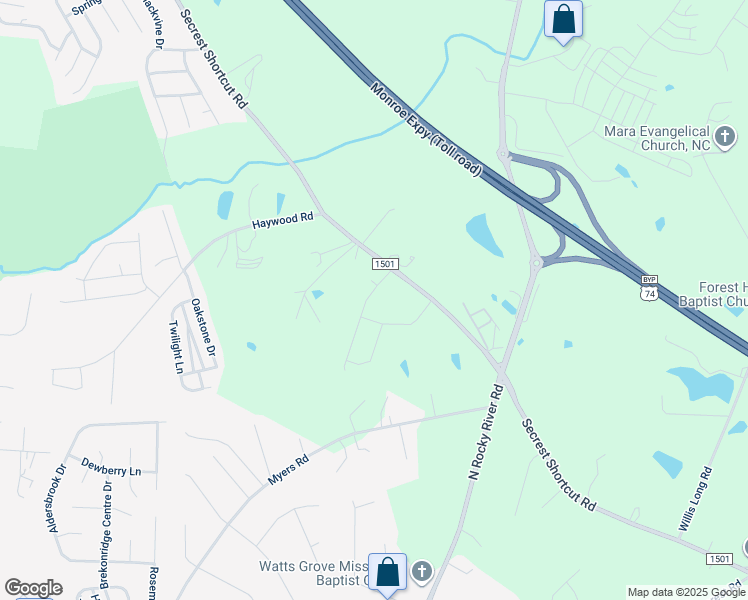 map of restaurants, bars, coffee shops, grocery stores, and more near 5303 Secrest Short Cut Road in Monroe