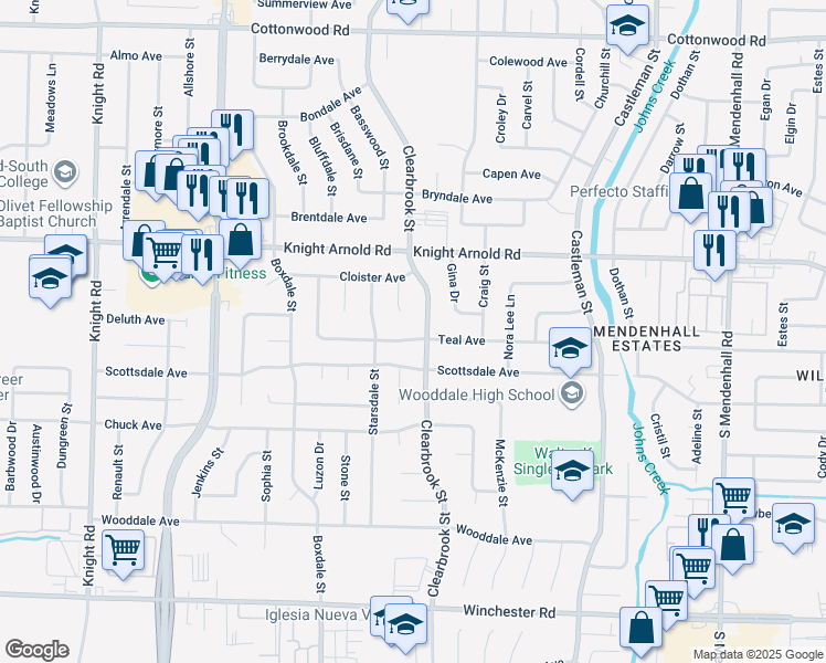 map of restaurants, bars, coffee shops, grocery stores, and more near 4960 Teal Avenue in Memphis