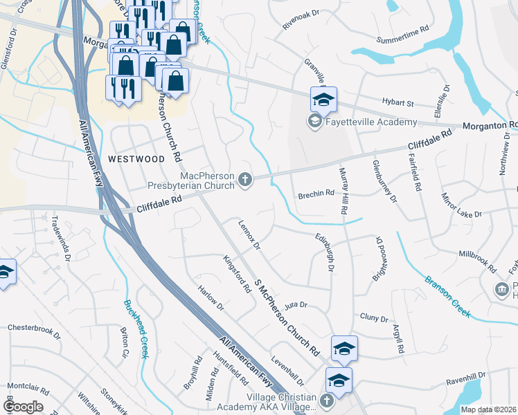 map of restaurants, bars, coffee shops, grocery stores, and more near 326-342 Oberlin Court in Fayetteville