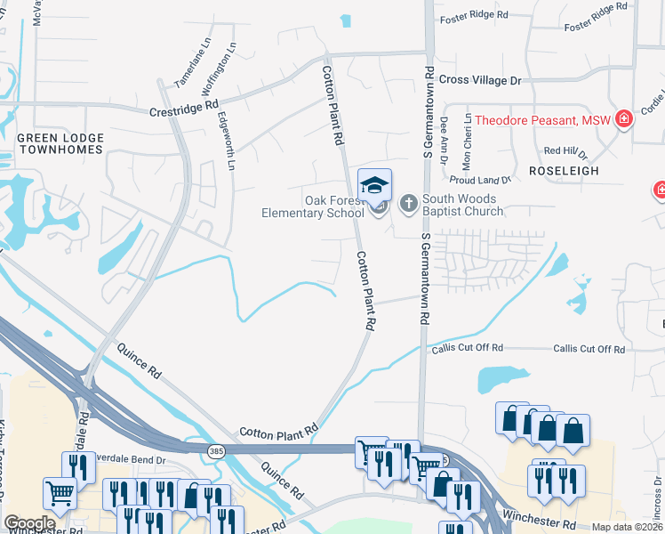 map of restaurants, bars, coffee shops, grocery stores, and more near 7385 Cotton Grove Lane in Memphis