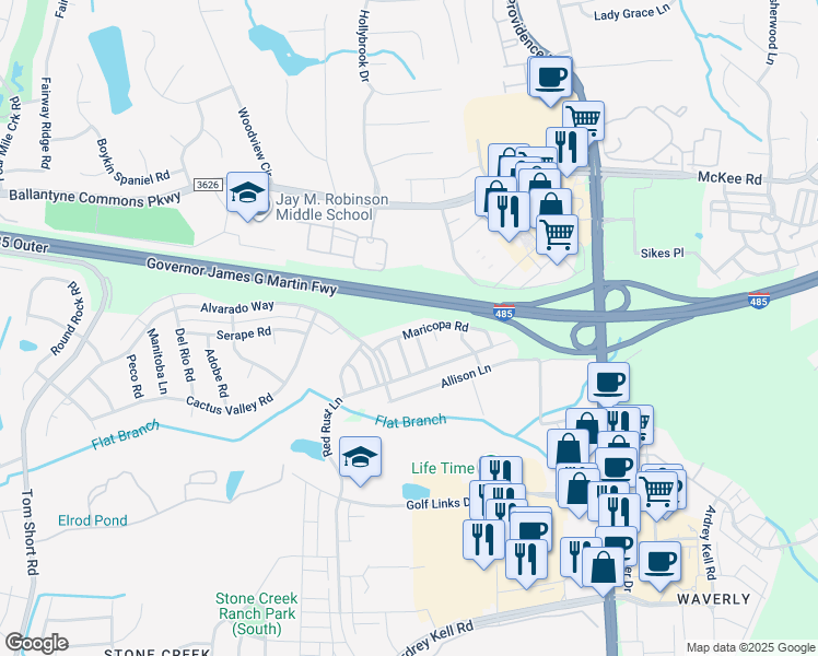 map of restaurants, bars, coffee shops, grocery stores, and more near 6919 Maricopa Road in Charlotte