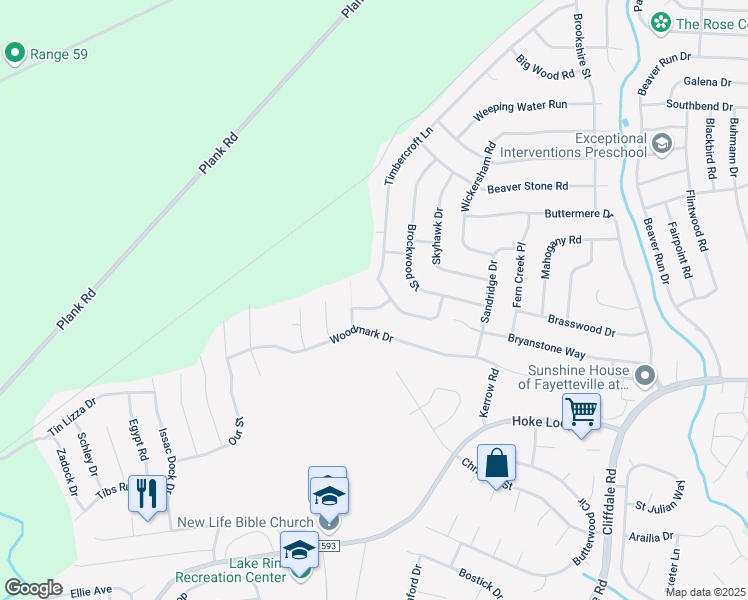 map of restaurants, bars, coffee shops, grocery stores, and more near 6902 Flying Cloud Lane in Fayetteville